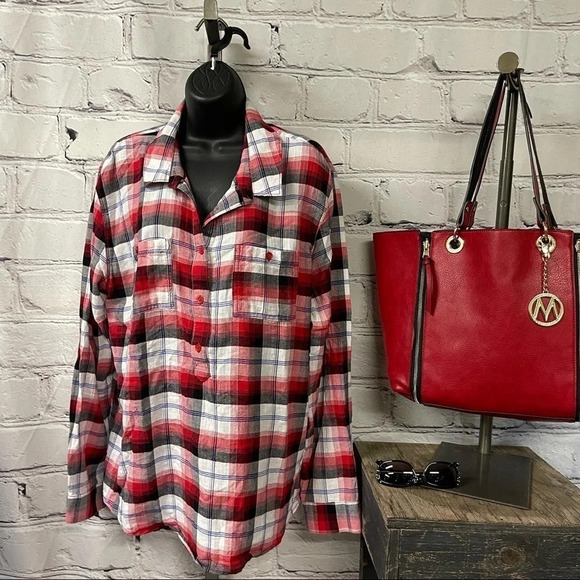 BLL plaid Henley top large - Picture 1 of 6